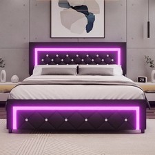 Queen Bed Frame with LED Lights, Diamond Tufted Headboard, Black picture