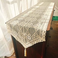 14x39inch Vintage Hand Crochet Table Runner Oval Cotton Lace Dresser Scarf Doily picture