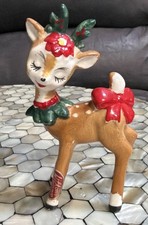 Vintage Lefton Ceramic Christmas Holly Winking Reindeer  picture