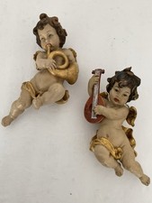VTG Toni Baur German Hand Carved Wooden Musical Angel Cherubs Gold Leaf Set 2 picture