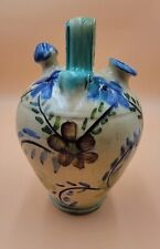 ANTIQUE Double Spout WATER JUG EWER Handmade Stoneware Glaze Floral Design 11.5