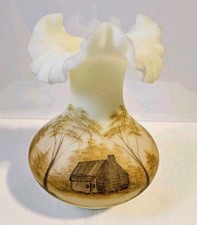 Vintage Fenton Burmese Vase Log Cabin Vaseline Glass Hand Painted Signed Glows picture