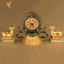 16cm Tibetan Buddhism Supplies Blessed Turning Wheel Deer Statue Altar Decor picture