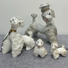 Vtg Mid Century MCM White Spaghetti Poodle Figurine Family Set of 4 Gold Trim picture