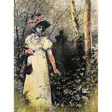 Tile Art etched Painted Victorian woman in the forest - Vintage picture