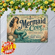 Mermaid Cove Weatherproof Outdoor Metal Sign Retro Beach House Bathroom Decor picture
