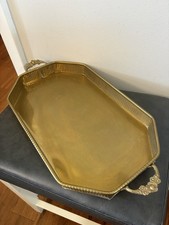 Vtg MCM Hollywood Regency Brass Octagon Lg Serving Tray Ornate Handles Fluted picture