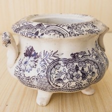 Antique Purple Floral Transferware Footed Sugar Bowl Ceramic Double Handled picture