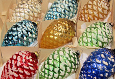 Lot VTG Glass Embossed Snow Large PINECONE Christmas Ornament Japan Blu Gold Red picture