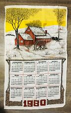 Vintage 1980 Snow Scene Linen Wall Calendar Cloth tea towel picture