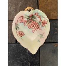Antique Weimar Germany Porcelain Leaf Trinket Dish Berries Gold Trim Hand Paint picture