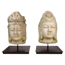 Pair 18thC Marble Heads Of The Bodhisattva Of Compassion, Guanyin picture