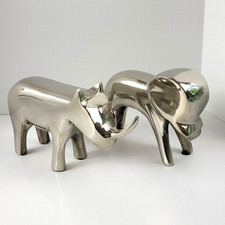 MCM Vintage Modernist Silver Metal Elephant Rhino Figurines Feng Shui Pair picture