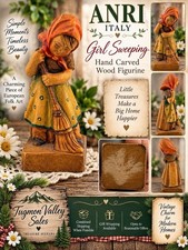 Vintage ANRI Italy Girl Sweeping Broom Hand Carved Wood Figurine 3.25” picture