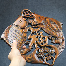 Chinese Wood Carved Fish Plaque Sculpture Feng Shui Wall Hanging Wooden Decor picture