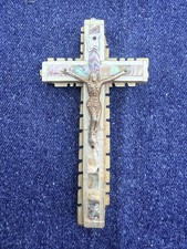 Vintage Mother Of Pearl & Abalone Mosaic Olive Wood Wall Cross Jesus Crucifix picture