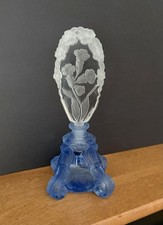 Vintage 1930’s Czech Art Deco Blue Glass Perfume Bottle-Intaglio Tiara Stopper picture