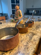 Vintage French Copper Saucepan Set 4pc Heavy Tin Lined Nesting Pots picture