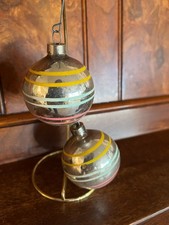 Set of 2 Vntg Made in the US of A glass ornaments yellow, blue & pink  stripes picture