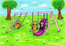 Tambra ACEO Original Art Painting Tabby Cats Swinging Black Tuxedo Cat on Slide picture