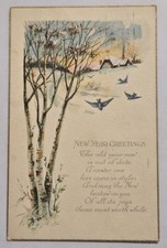 New Year Greetings Blue Birds Trees Cottage Vtg Used Postcard 017 picture