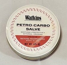 Vintage Watkins Petro-Carbo Salve Metal Tin 4 3/4 Oz Cut Burn Chaffing 98% Full picture