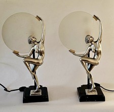 MCM ART-DECO 1984 PAIR NUDE Lady Frankart Style Lamps BY MANN SILVER picture