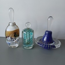 Vintage Lot Of 3 Hand Blown Studio Art Glass Perfume Bottles. picture