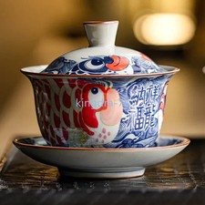 130ml Chinese Blue and White Ceramic Handpainted Fish Gaiwan Tea Tureen Teaware picture