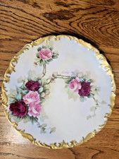 Ant. T & V Limoges porcelain plate hand painted pink/red roses, w/gold gilt trim picture