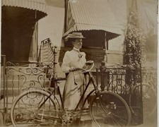 c 1890s Cabinet Card Photograph - Lady with Antique Bicycle - Wrought Iron Fence picture
