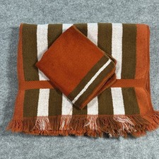 Vintage Sears 70s Striped Brown, White & Orange Fringe Bath Towel Washcloth Set picture