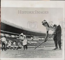 1964 Press Photo Workers tend to the turf at National Stadium for Olympic Games picture