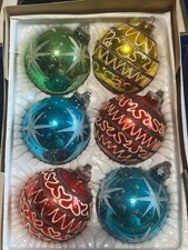 LARGE Christmas Ornaments Box of 6, MID CENTURY MODERN Glitter Stencil Germany picture