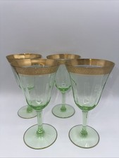 VTG TIFFIN “MINTON GREEN” URANIUM GREEN SWIRL GOLD RIM GOBLETS - 4PC *MINT picture