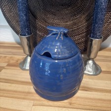 Vtg 1970's Clay Honey Pot Frankoma Blue Beehive Design H 4 3/4
