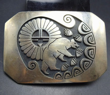 VINTAGE Gary Elsie Yoyokie HOPI Sterling Silver Overlay BELT BUCKLE Bear SunFace picture