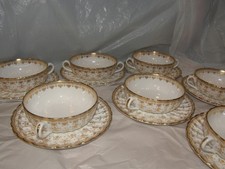 Lot of 7 sets of Spode Fleur de Lys Gold Cream Soup Bowl / Caps & Saucer picture