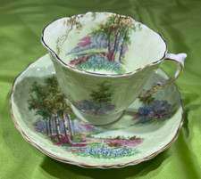 AYNSLEY MEADOWS Tea Cup & Saucer Green Floral Pattern Teacup Textured 1930s picture