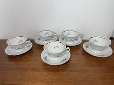 Vintage Wawel Poland Porcelain Tea Cup Saucer Set 5 Floral Gold Trim 10 Pc picture