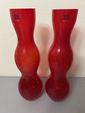 BX Blown Art Glass Vase Hourglass Shape Red Christmas 16” Pair (2) MCM picture