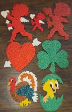 Vintage Melted Popcorn Holiday Decor Lot of 7 - Easter, Turkey, Cupid, Clover picture