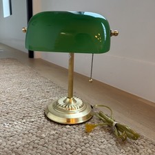 Vintage Emerald Green Banker's Lamp - Cased Glass White Lined Shade - Desk Light picture