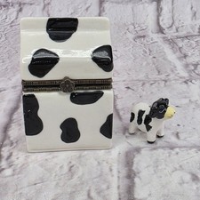 Vintage Moo Cow Milk Carton Hinged Trinket Box With Miniature Cow Figurine By Di picture