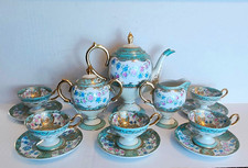 Mid Century Rococo Turquoise Floral Tea Service Set Pedestal Teapot Cups G937 picture