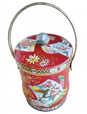 Vtg 60's, Murray Allen Red Tin Candy Coffee Canister Box Handle Art Hummingbird picture