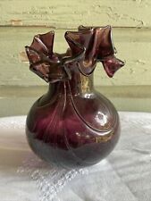 Purple Hand Blown Glass Double Crimped Ruffled Squat  Vase Plum Amethyst Vintage picture