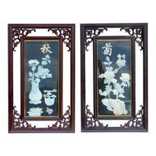 Vintage Chinese Mother-of-Pearl Inlay Chrysanthemum Wall Panels – Ornate Carved picture