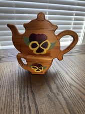 VTG Wood Teapot Napkin Holder Hand Painted Pansy Flower Country Kitchen Decor picture