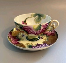 Antique Nippon Style Footed Cup Saucer Hand Painted Floral Gold Moriage Japan picture